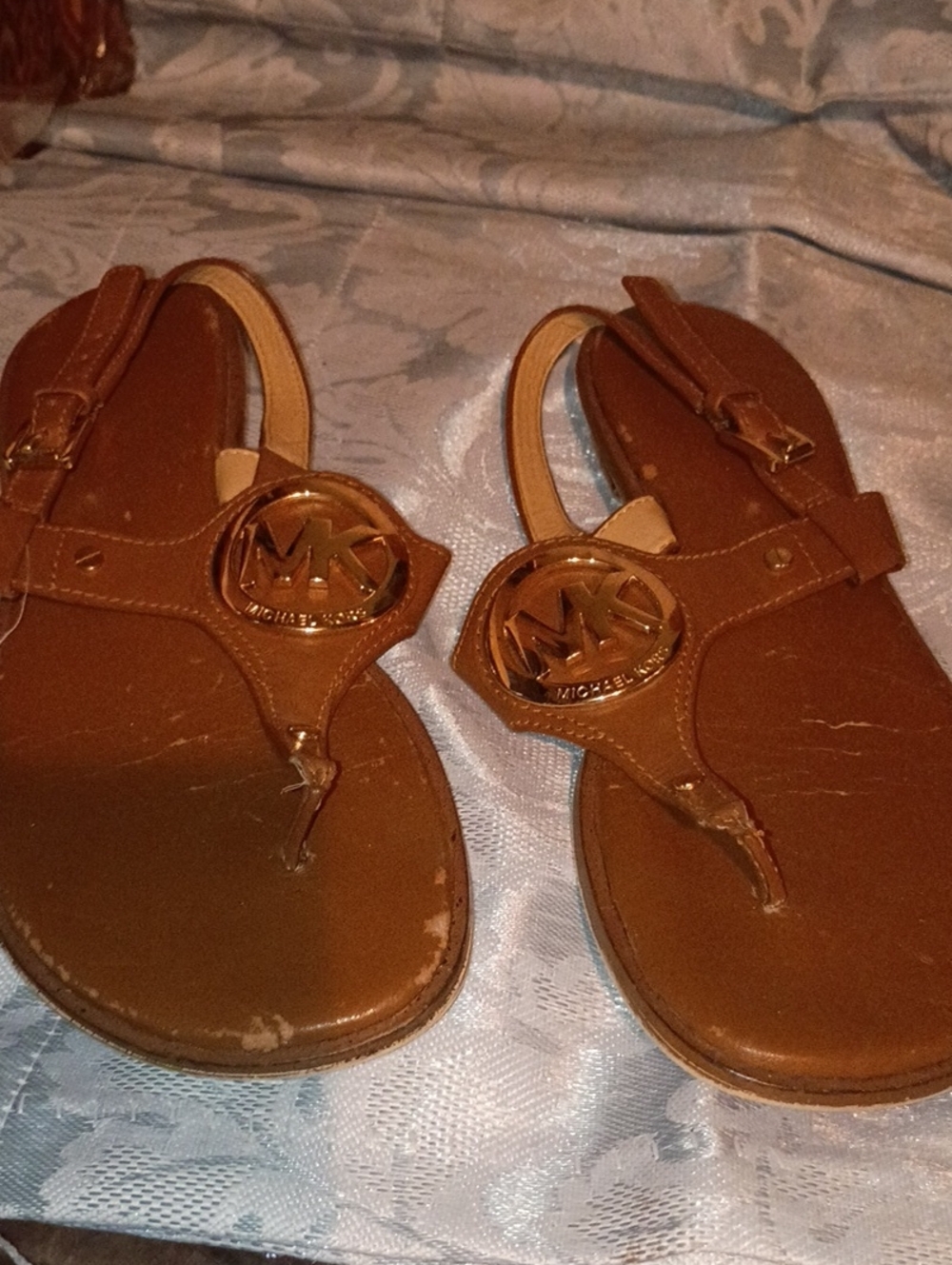 Michael Kors Girls Brown T-Strip Logo Sandals with Gold Accent